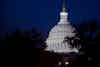 A shot of the Washington Capital building at night, illuminated dome against a dark blue sky