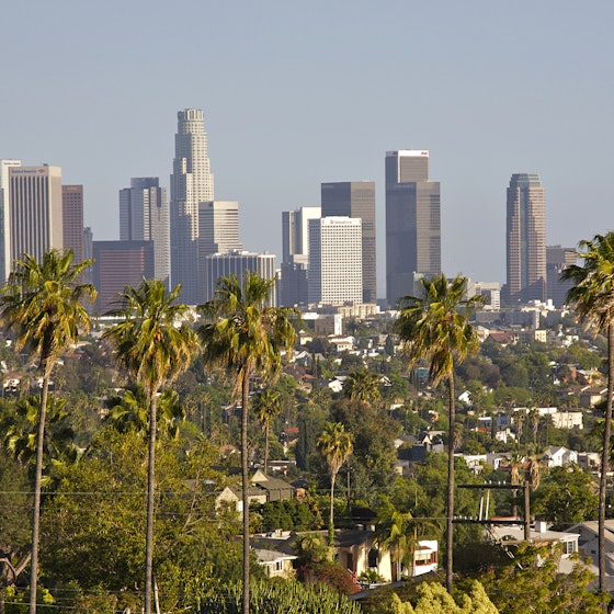 View of downtown Los Angeles from Silver Lake, Los Angeles, California.